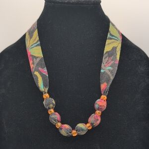 Vintage Colorful Fabric Bead Necklace With Ribbon Clasp Floral Pattern